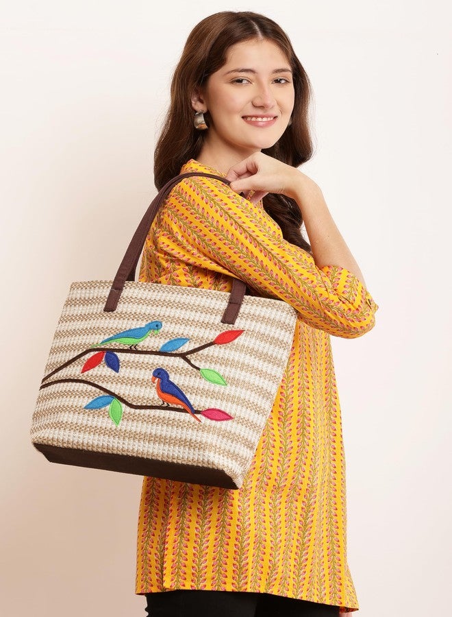 CULT FACTORY Stylish Hand Bag for Women Big Size Jute Hand Bag for Ladies College Tote Bag with Beautiful Birds Design - Image 2